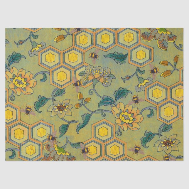 HONEY BEES,BEEHIVES,SPRING FLOWERS Yellow Green Tissue Paper (Front)