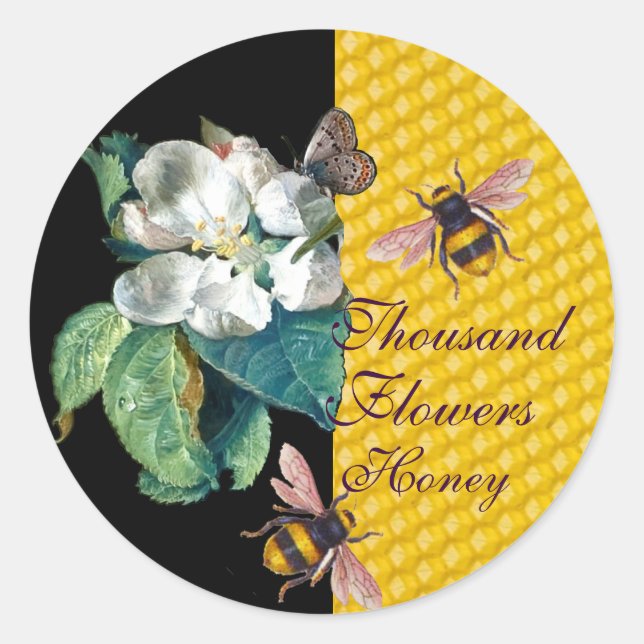 HONEY BEES, BUTTERFLY AND WHITE FLOWER CLASSIC ROUND STICKER (Front)