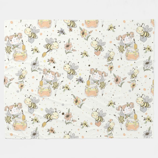 Honey Bees, Fairy & Baby Bees In Seamless Pattern Fleece Blanket (Front (Horizontal))