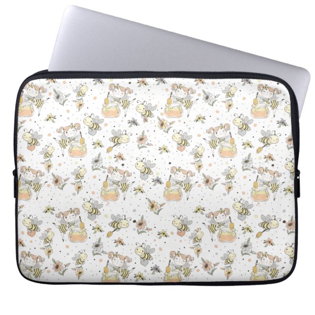 Honey Bees, Fairy & Baby Bees In Seamless Pattern Laptop Sleeve (Front)