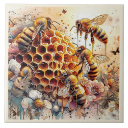 HONEY BEES FLEURS SUR HONEYCOMB | Carreaux en céra