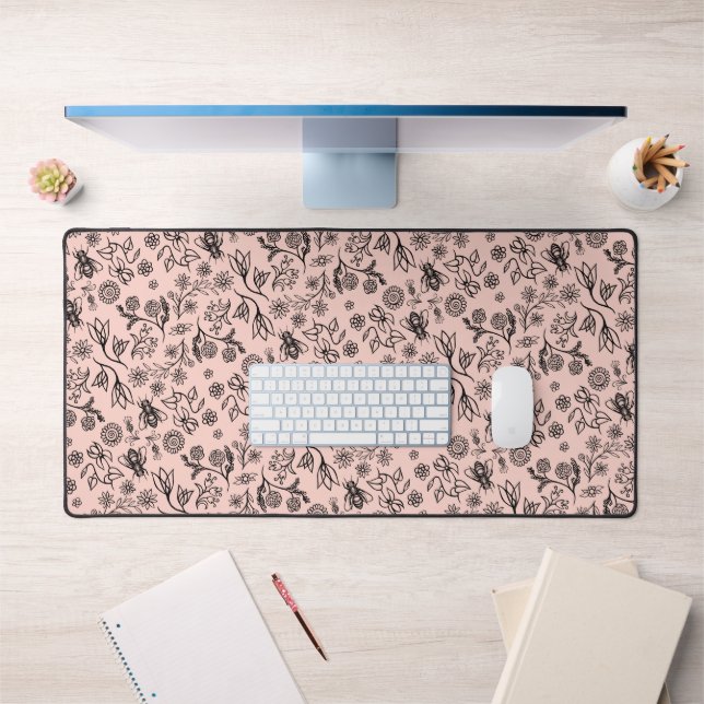  Honey Bees Floral Liberty Pattern Cute Blush Pink Desk Mat (Office 1)