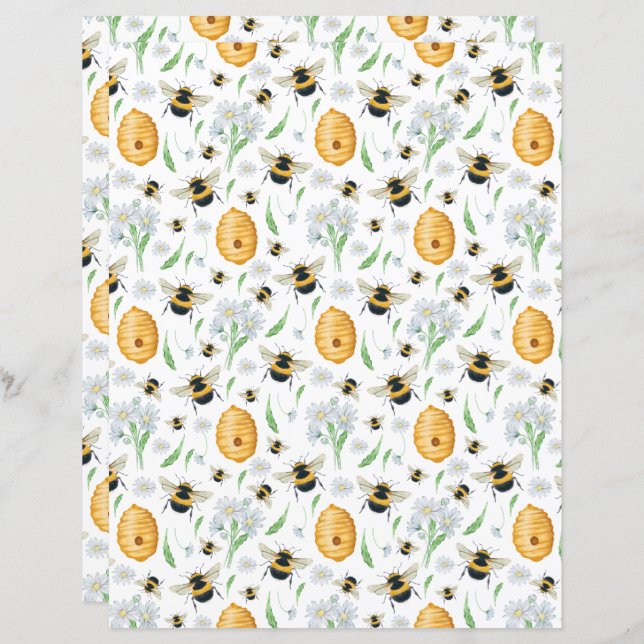 Honey Bees Floral Scrapbook Paper (Front/Back)