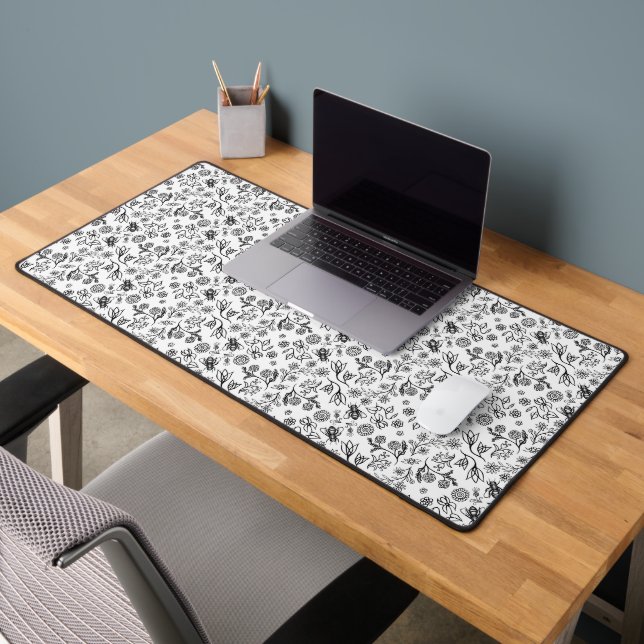   Honey Bees & Flowers Liberty Pattern Black White Desk Mat (Office 2)