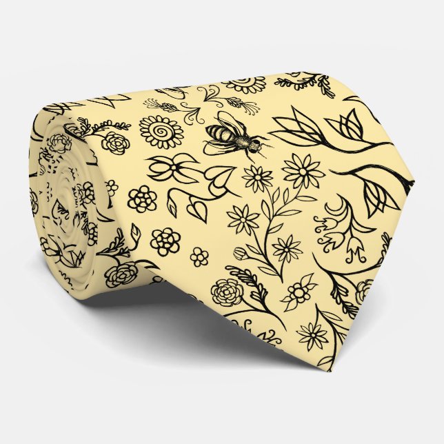 Honey Bees & Flowers Liberty Pattern Black Yellow Tie (Rolled)