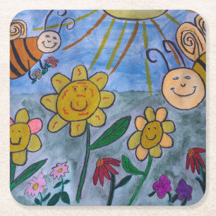 Honey Bees & Flowers Square Paper Coaster