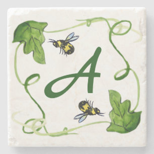 Honey Bees Green Leaf Custom Monogram Stone Coaster