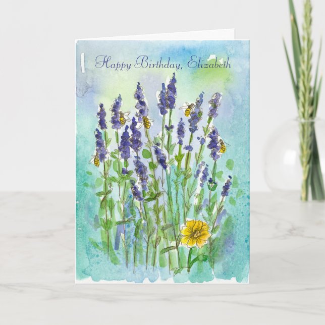 Honey Bees Lavender Personalized Happy Birthday Card (Front)
