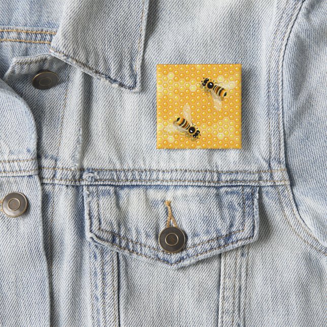 Honey Bees on Bright Honeycomb Pattern  2 Inch Square Button (Creator Uploaded)