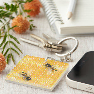 Honey Bees on Bright Honeycomb Pattern  Keychain