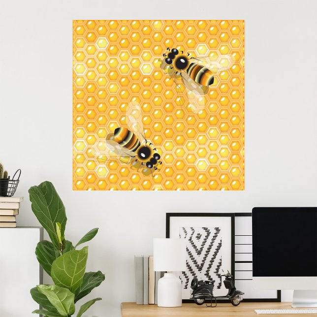 Honey Bees on Bright Honeycomb Pattern  Poster (Creator Uploaded)