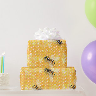 Honey Bees on Bright Honeycomb Pattern  Wrapping Paper