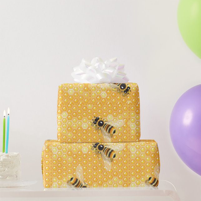 Honey Bees on Bright Honeycomb Pattern  Wrapping Paper (Creator Uploaded)