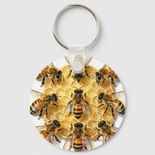 Honey Bees on Hexagonal Honeycomb Circle Keychain