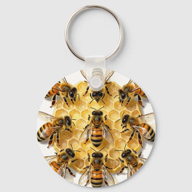 Honey Bees on Hexagonal Honeycomb Circle Keychain (Front)