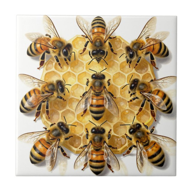 Honey Bees on Hexagonal Honeycomb Circle Tile (Front)