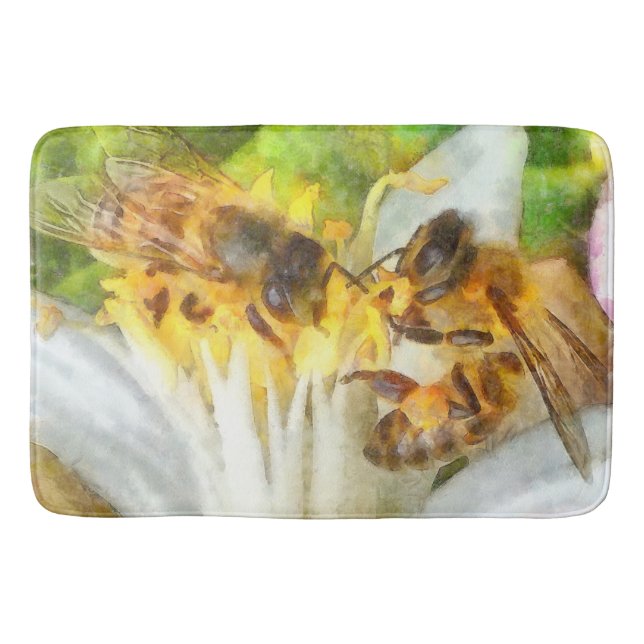 Honey Bees On Lemon Blossom Watercolor Art Bath Mat (Front)
