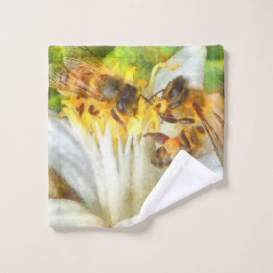 Honey Bees On Lemon Blossom Watercolor Art Wash Cloth