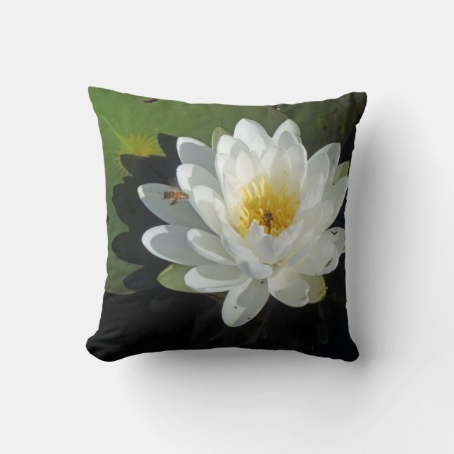 Honey Bees on Water Lily Throw Pillow (Front)