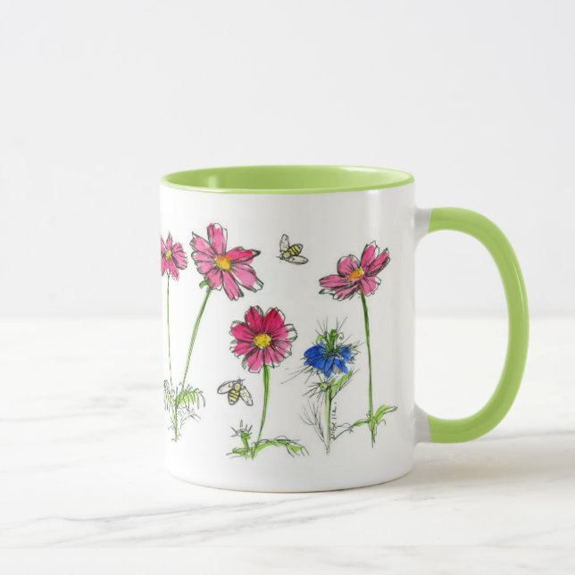 Honey Bees Pink Cosmos Watercolor Flowers Mug (Right)