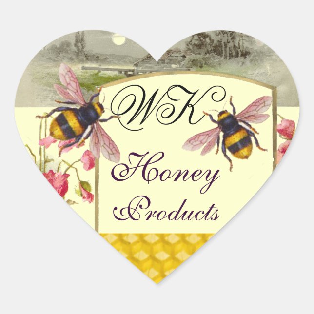 HONEY BEES ,RED POPPIES BEEKEEPER HEART MONOGRAM STICKER (Front)