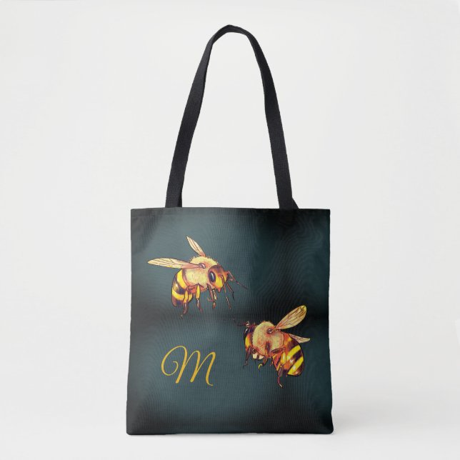 Honey Bees Retro Vintage Marble Monogram Tote Bag (Front)