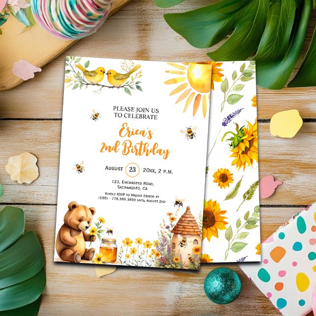 Honey Bees Teddy Bear 2nd Birthday Invitation (Creator Uploaded)