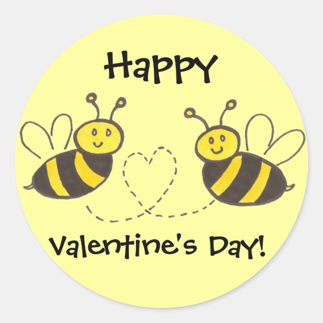 Honey Bees with Heart Happy Valentine's Day! Classic Round Sticker (Front)