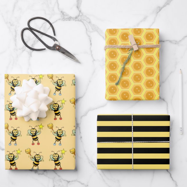 Honey bees with heart & honeycomb pattern wrapping paper sheet (Front)