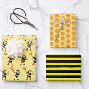 Honey bees with heart & honeycomb pattern wrapping paper sheet