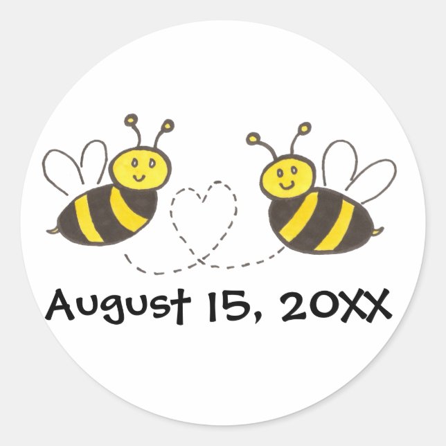 Honey Bees with Heart with Customizable Date Classic Round Sticker (Front)