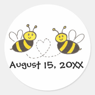 Honey Bees with Heart with Customizable Date Classic Round Sticker