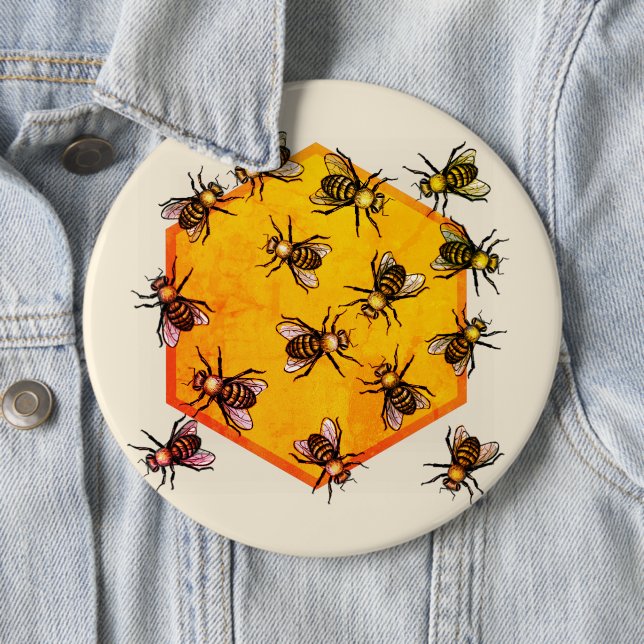 Honey bees with orange yellow hexagon drawing art 6 inch round button (In Situ)