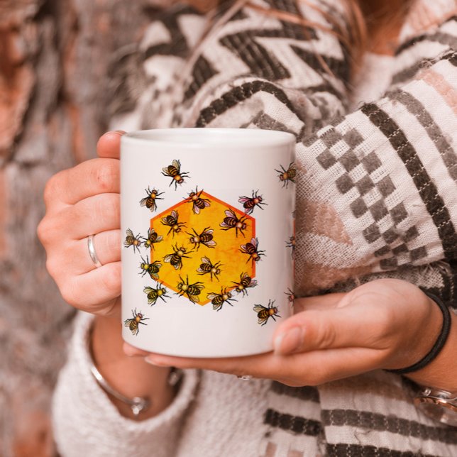 Honey bees with orange yellow hexagon drawing art coffee mug (Creator Uploaded)