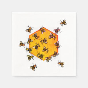 Honey bees with orange yellow hexagon drawing art napkin