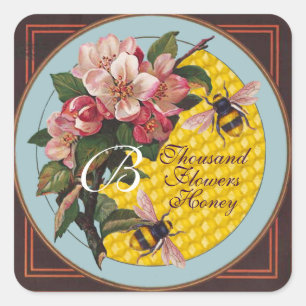 HONEY BEES WITH WILD ROSES MONOGRAM SQUARE STICKER
