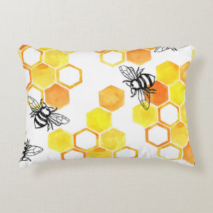 Honey Bees: Yellow Watercolor Pattern Accent Pillow
