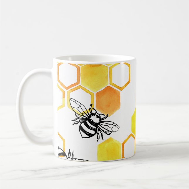 Honey Bees: Yellow Watercolor Pattern Coffee Mug (Left)
