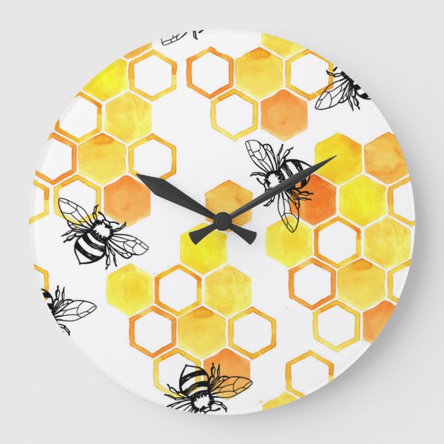 Honey Bees: Yellow Watercolor Pattern Large Clock (Front)