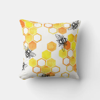 Honey Bees: Yellow Watercolor Pattern Throw Pillow