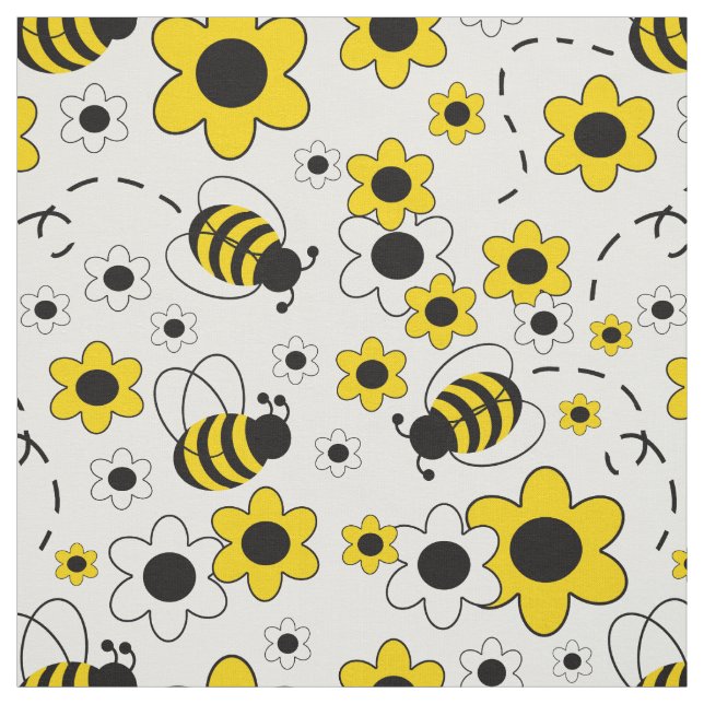 Honey Bumble Bee Bumblebee White Yellow Floral Fabric (Swatch)
