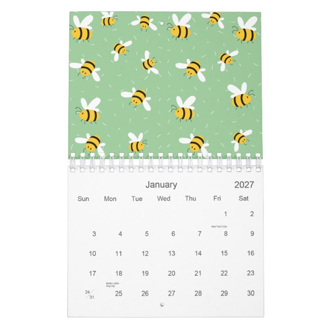 Honey Bumble Bee Green Pattern 2026 Calendar (Jan 2027)