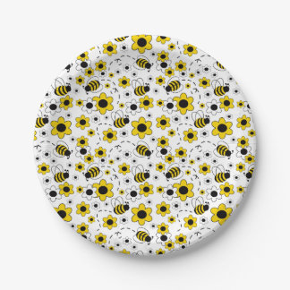 Honey Bumble Bee Yellow White Floral Paper Plate