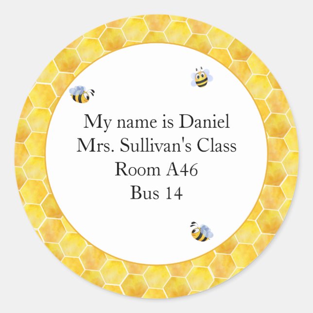 Honey Comb and Bee Nametag Classic Round Sticker (Front)