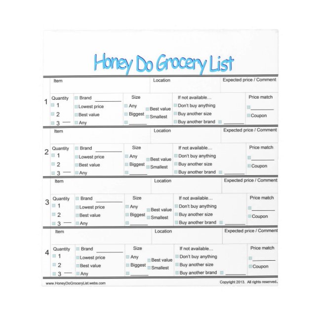 Honey Do Grocery List .. Notepad (Front)