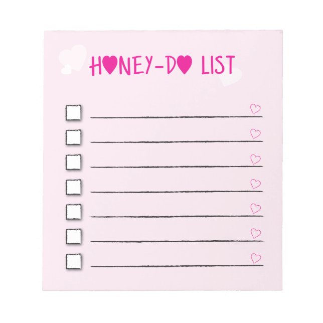 Honey Do List Pink Hearts Checklist Wife Husband Notepad (Front)