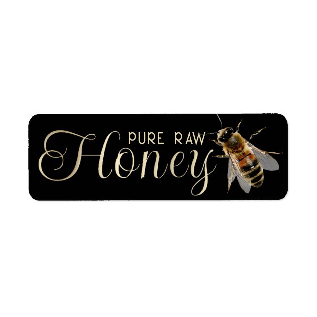 Honey Embossed Gold Text Realistic Bee on Black (Front)