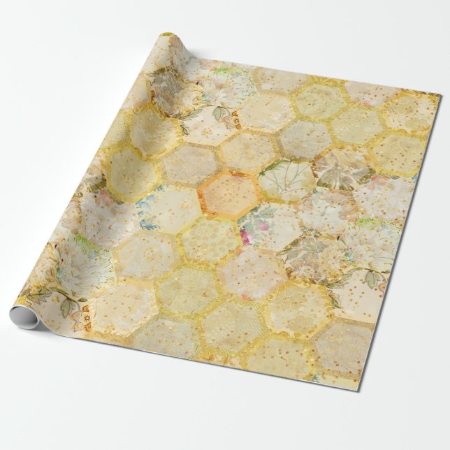 Honey Floral Honeycomb Golden Glitter Wrapping Paper (Unrolled)