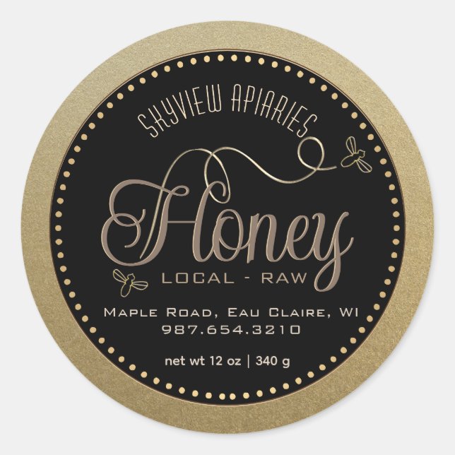 Honey Gold Kraft Grunge Border Black Bees Classic Round Sticker (Front)