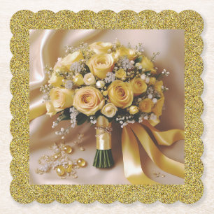 Honey Gold Terrazzo Roses Wedding Paper Coasters